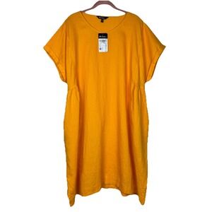 NWT Ulla Popken Shift Dress Womens 20/22 Cuffed Sleeves Linen Pockets Boho Chic